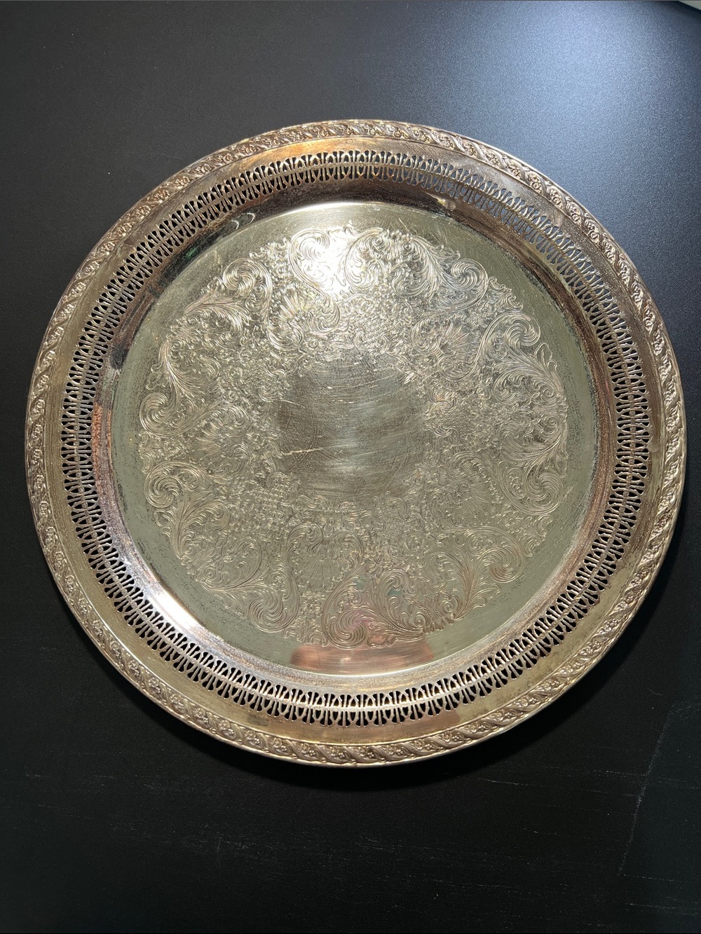Decorative Gold-Plated Serving Tray with Filigree Border